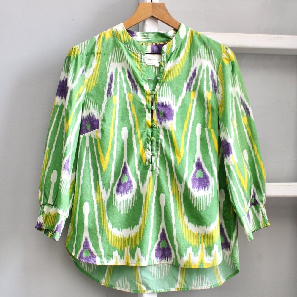 Anthropologie Green, Purple & Yellow Ikat-Pattern Button Front Blouse